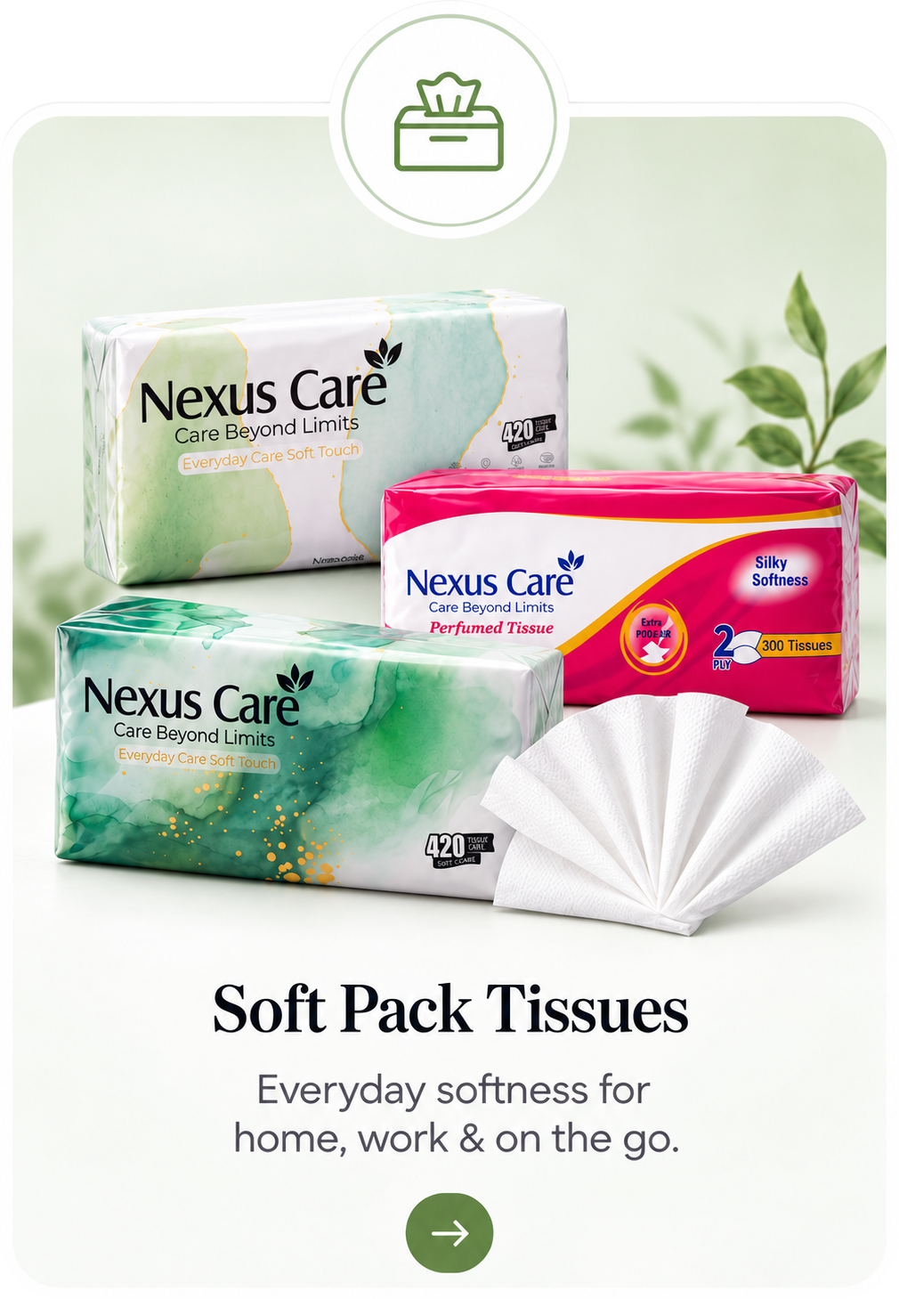 Three packs of Nexus Care soft pack tissues arranged on a light green background with a tissue fan in front. Text below reads 'Soft Pack Tissues' and 'Everyday softness for home, work & on the go.